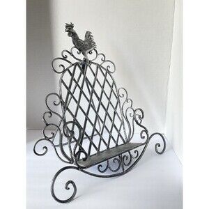 Kitchen Bookstand Recipe Holder Chicken Figure Ornate Metal Scrolls Silvery Gray